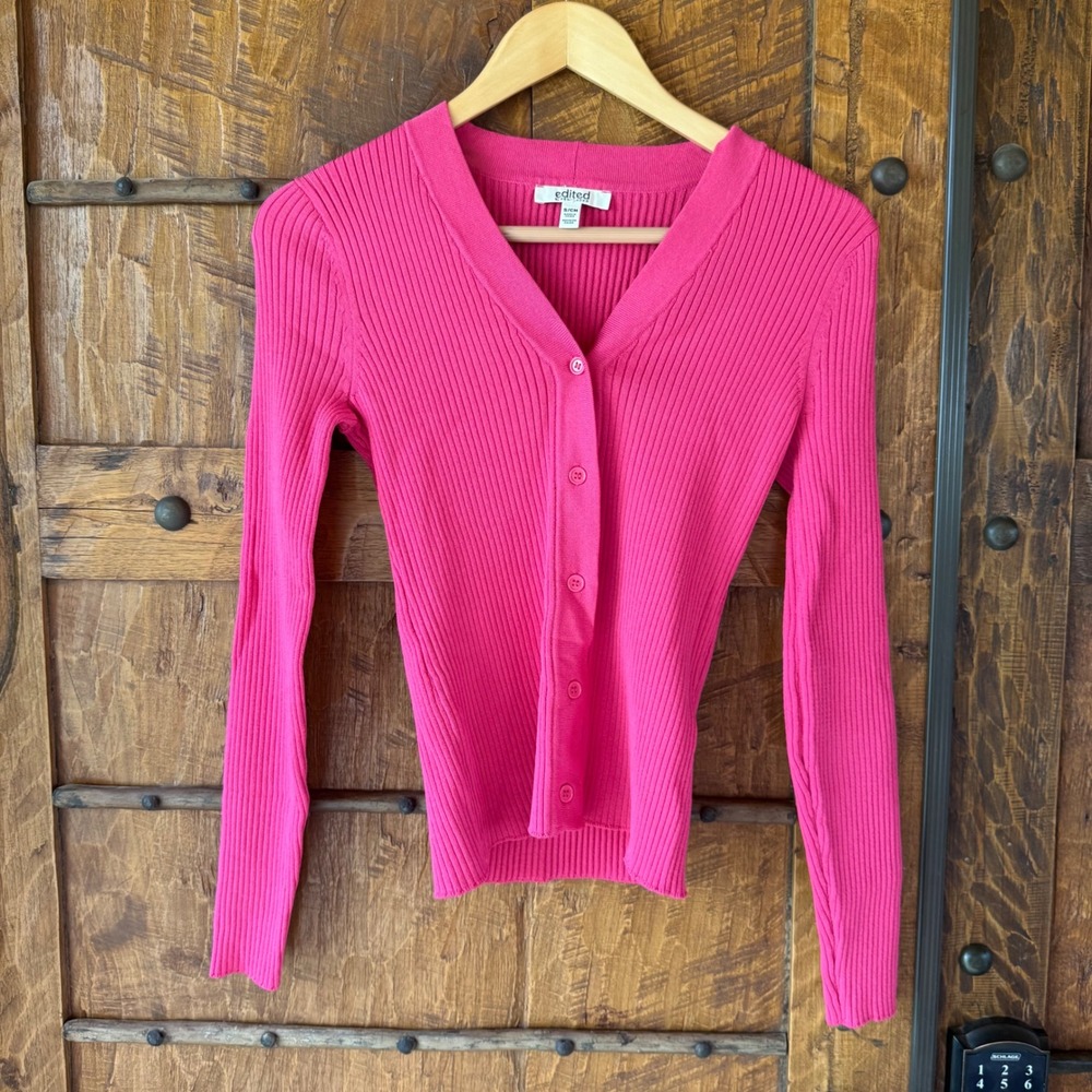 Edited Remi Bader Cardigan Womens S Pink Ribbed V-Neck Button Front Long Sleeve
